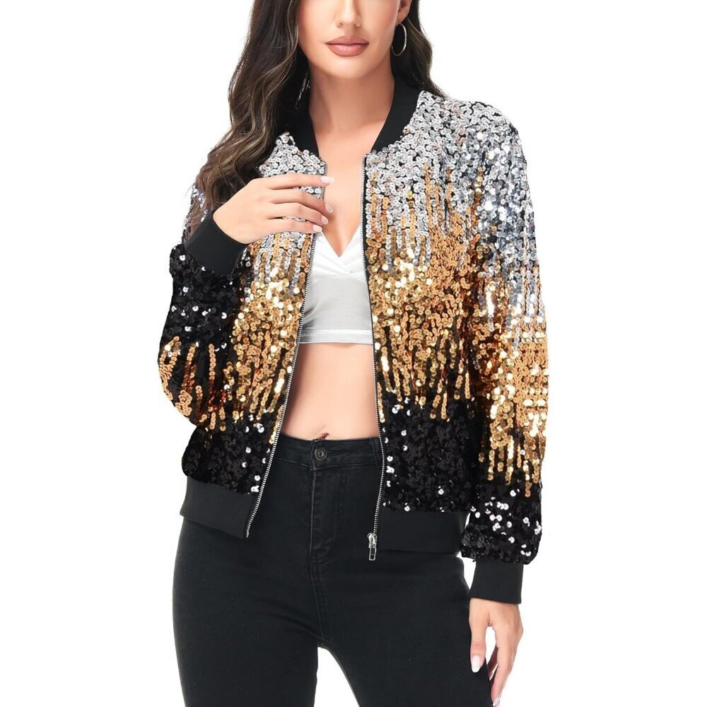 Brand New Women Z-Silver Gold Black Polyester Sequin Long Sleeve Front Zip - Picture 3 of 6